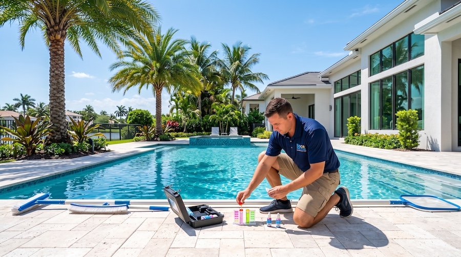 Professional pool technician servicing a crystal-clear residential pool in Boca Raton, FL